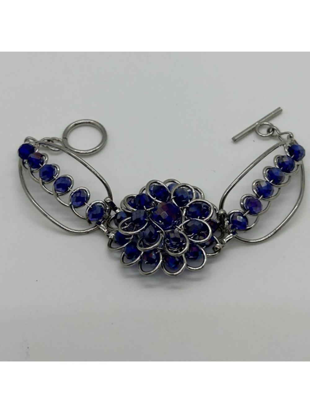 Handcrafted Silver-Tone Blue Rhinestone Crystal Floral Rosette Toggle Clasp Stat - Picture 8 of 12
